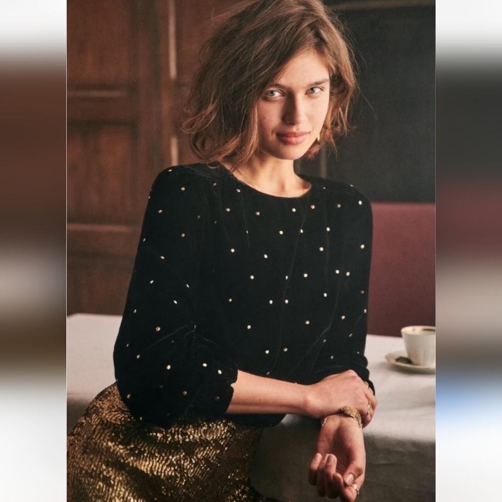 SÉZANE Maelis Romantic Black Velvet Polka Dot Peasant Blouse Like New 36